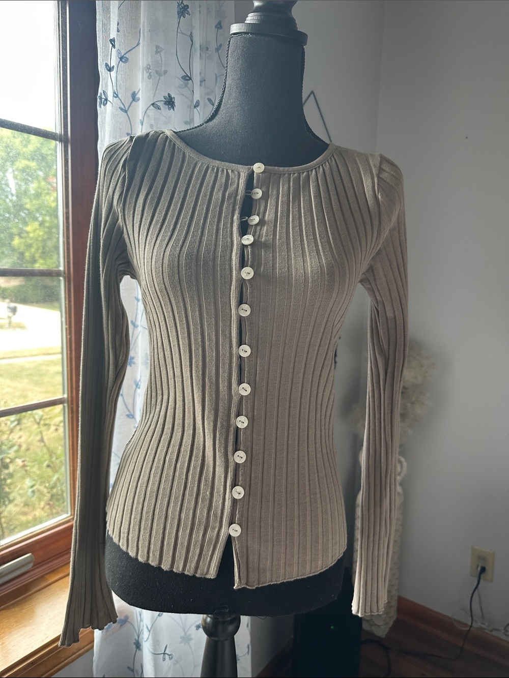 Free People Ribbed Button-Front Cardigan — Taupe